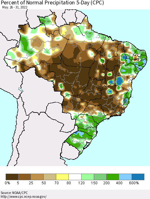 Brazil Percent of Normal Precipitation 5-Day (CPC) Thematic Map For 5/26/2022 - 5/31/2022
