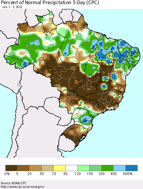 Brazil Percent of Normal Precipitation 5-Day (CPC) Thematic Map For 6/1/2022 - 6/5/2022