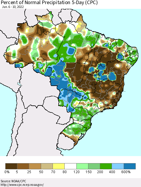 Brazil Percent of Normal Precipitation 5-Day (CPC) Thematic Map For 6/6/2022 - 6/10/2022