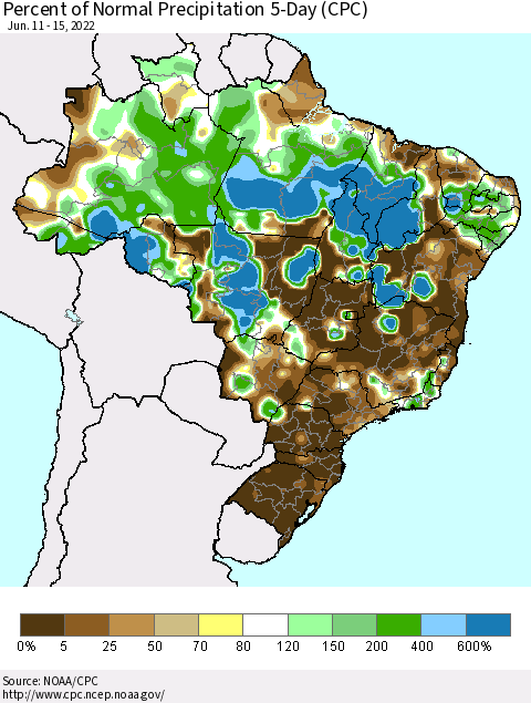 Brazil Percent of Normal Precipitation 5-Day (CPC) Thematic Map For 6/11/2022 - 6/15/2022