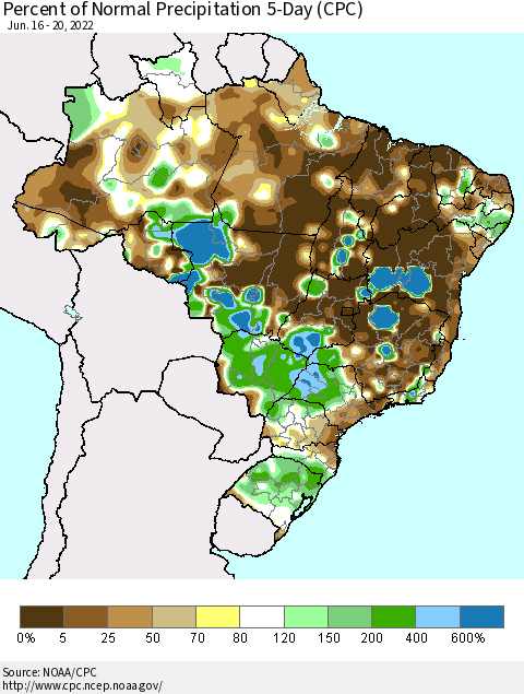 Brazil Percent of Normal Precipitation 5-Day (CPC) Thematic Map For 6/16/2022 - 6/20/2022