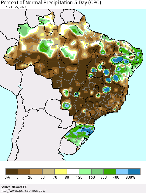 Brazil Percent of Normal Precipitation 5-Day (CPC) Thematic Map For 6/21/2022 - 6/25/2022