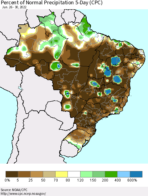 Brazil Percent of Normal Precipitation 5-Day (CPC) Thematic Map For 6/26/2022 - 6/30/2022