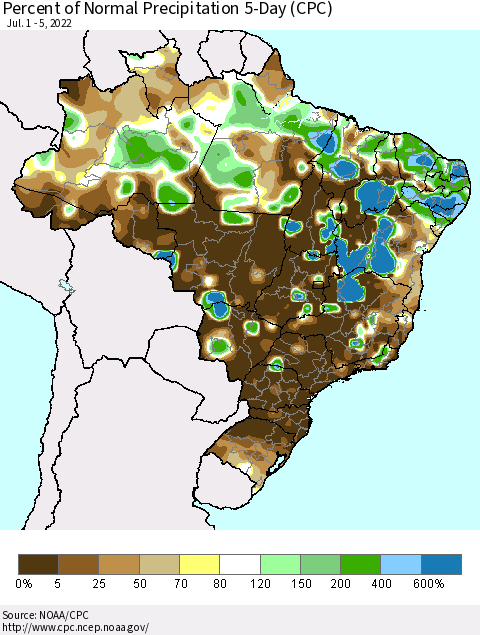Brazil Percent of Normal Precipitation 5-Day (CPC) Thematic Map For 7/1/2022 - 7/5/2022