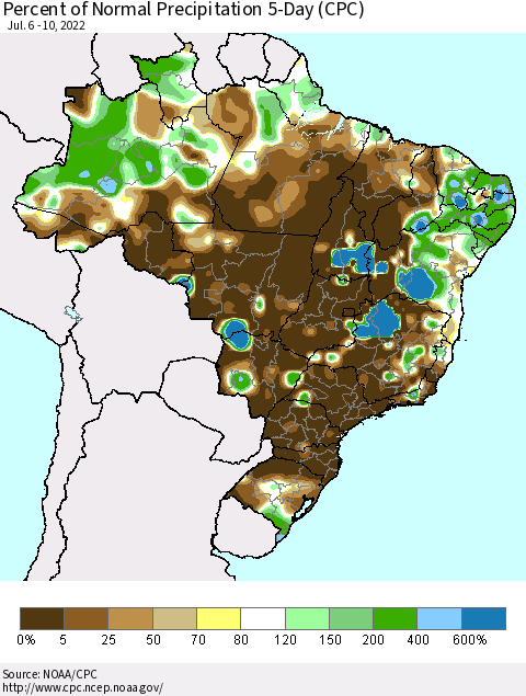Brazil Percent of Normal Precipitation 5-Day (CPC) Thematic Map For 7/6/2022 - 7/10/2022