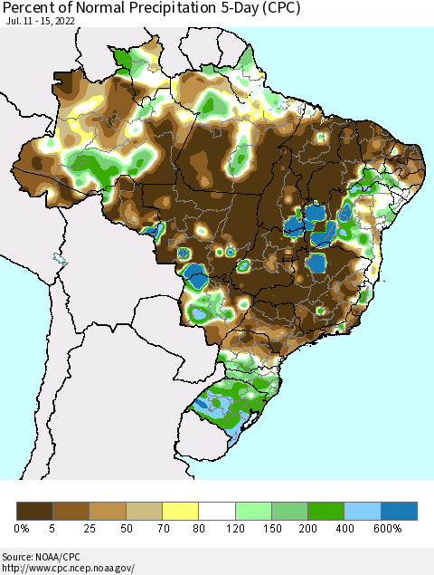Brazil Percent of Normal Precipitation 5-Day (CPC) Thematic Map For 7/11/2022 - 7/15/2022
