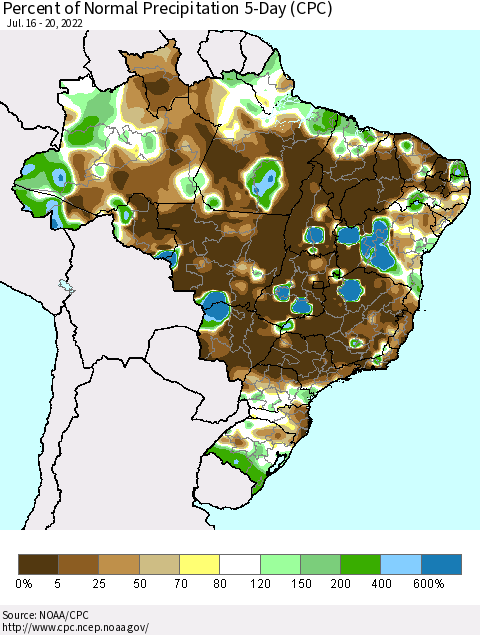 Brazil Percent of Normal Precipitation 5-Day (CPC) Thematic Map For 7/16/2022 - 7/20/2022