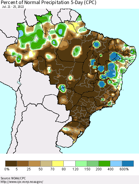 Brazil Percent of Normal Precipitation 5-Day (CPC) Thematic Map For 7/21/2022 - 7/25/2022