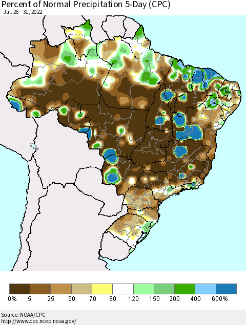 Brazil Percent of Normal Precipitation 5-Day (CPC) Thematic Map For 7/26/2022 - 7/31/2022