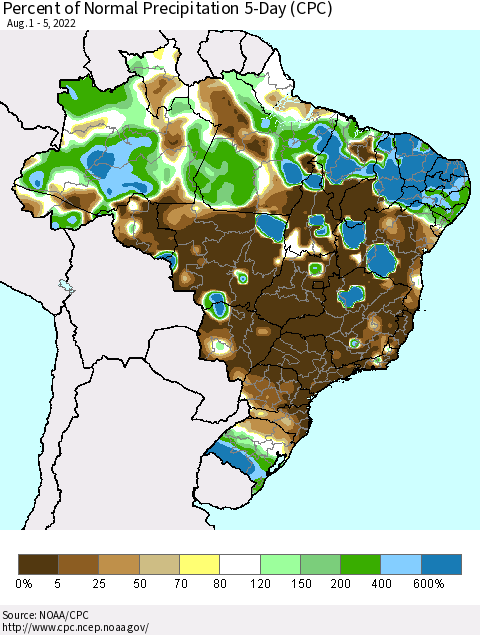 Brazil Percent of Normal Precipitation 5-Day (CPC) Thematic Map For 8/1/2022 - 8/5/2022