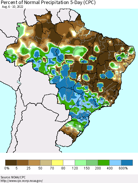 Brazil Percent of Normal Precipitation 5-Day (CPC) Thematic Map For 8/6/2022 - 8/10/2022