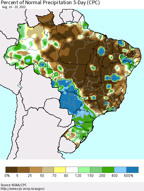 Brazil Percent of Normal Precipitation 5-Day (CPC) Thematic Map For 8/16/2022 - 8/20/2022