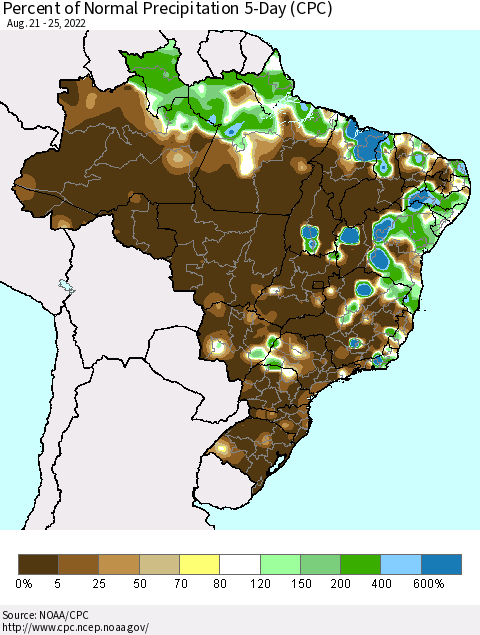 Brazil Percent of Normal Precipitation 5-Day (CPC) Thematic Map For 8/21/2022 - 8/25/2022