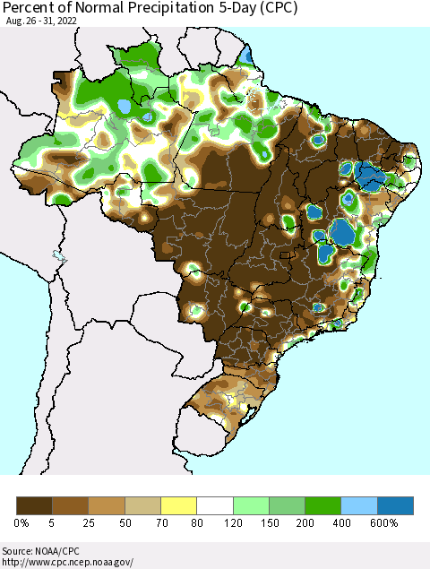 Brazil Percent of Normal Precipitation 5-Day (CPC) Thematic Map For 8/26/2022 - 8/31/2022
