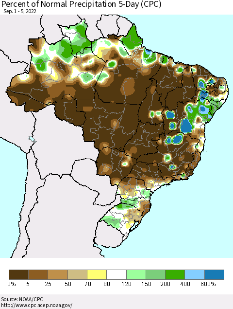 Brazil Percent of Normal Precipitation 5-Day (CPC) Thematic Map For 9/1/2022 - 9/5/2022