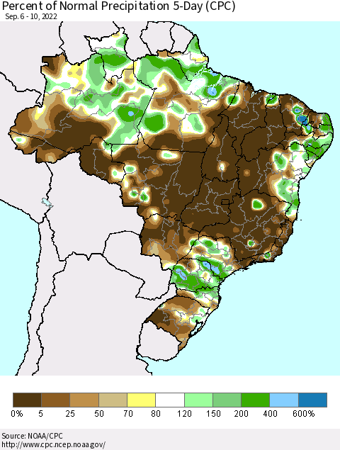 Brazil Percent of Normal Precipitation 5-Day (CPC) Thematic Map For 9/6/2022 - 9/10/2022
