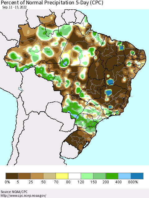 Brazil Percent of Normal Precipitation 5-Day (CPC) Thematic Map For 9/11/2022 - 9/15/2022