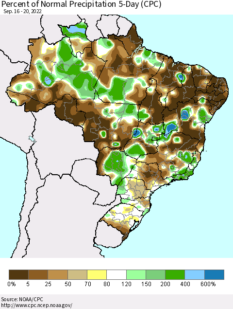 Brazil Percent of Normal Precipitation 5-Day (CPC) Thematic Map For 9/16/2022 - 9/20/2022