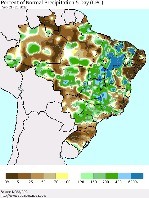 Brazil Percent of Normal Precipitation 5-Day (CPC) Thematic Map For 9/21/2022 - 9/25/2022