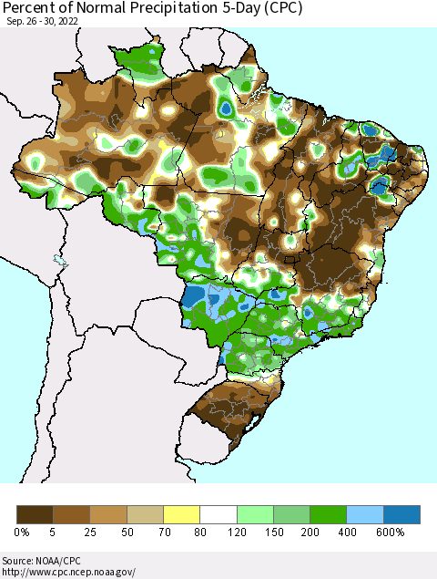 Brazil Percent of Normal Precipitation 5-Day (CPC) Thematic Map For 9/26/2022 - 9/30/2022