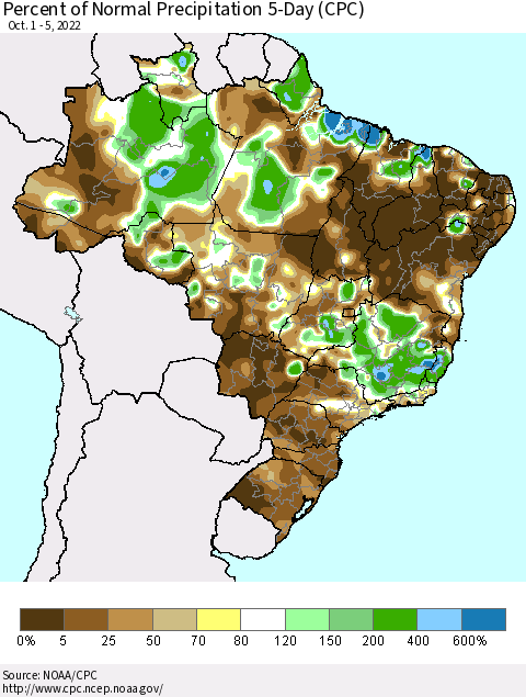 Brazil Percent of Normal Precipitation 5-Day (CPC) Thematic Map For 10/1/2022 - 10/5/2022