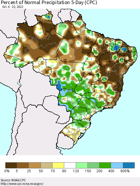 Brazil Percent of Normal Precipitation 5-Day (CPC) Thematic Map For 10/6/2022 - 10/10/2022