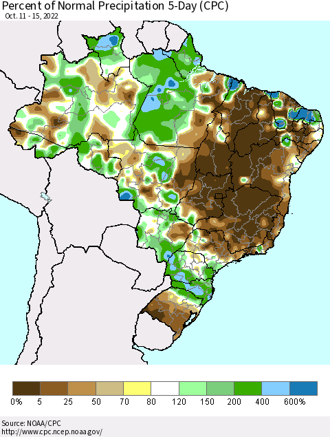 Brazil Percent of Normal Precipitation 5-Day (CPC) Thematic Map For 10/11/2022 - 10/15/2022