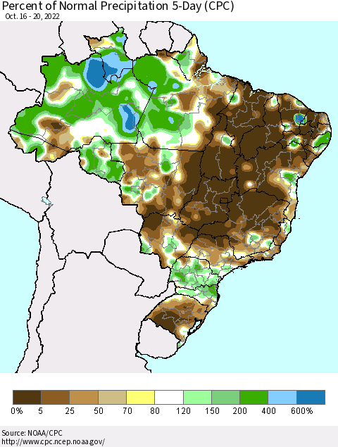 Brazil Percent of Normal Precipitation 5-Day (CPC) Thematic Map For 10/16/2022 - 10/20/2022
