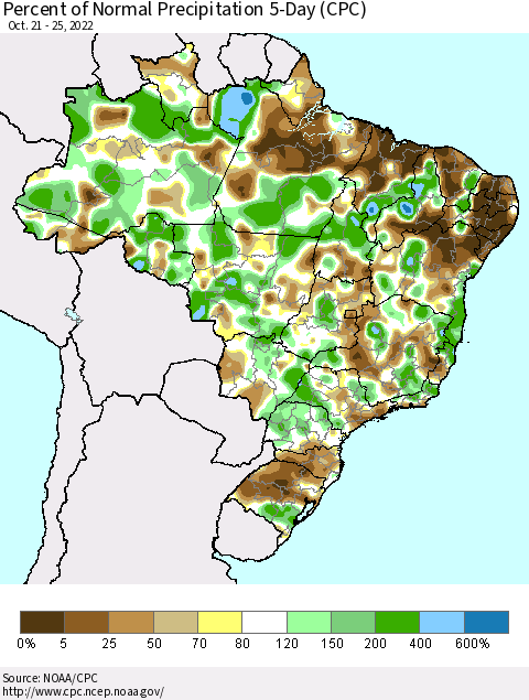 Brazil Percent of Normal Precipitation 5-Day (CPC) Thematic Map For 10/21/2022 - 10/25/2022