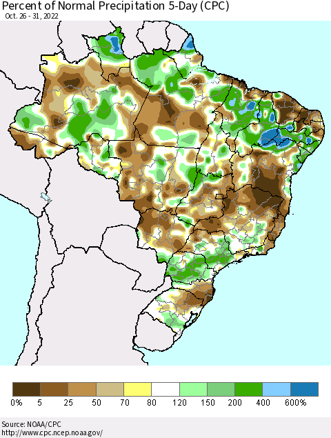 Brazil Percent of Normal Precipitation 5-Day (CPC) Thematic Map For 10/26/2022 - 10/31/2022