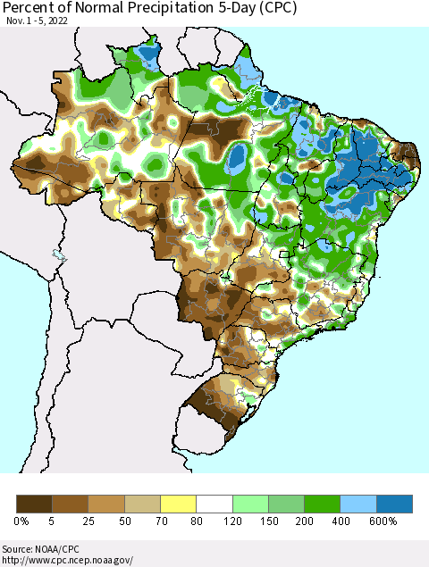 Brazil Percent of Normal Precipitation 5-Day (CPC) Thematic Map For 11/1/2022 - 11/5/2022
