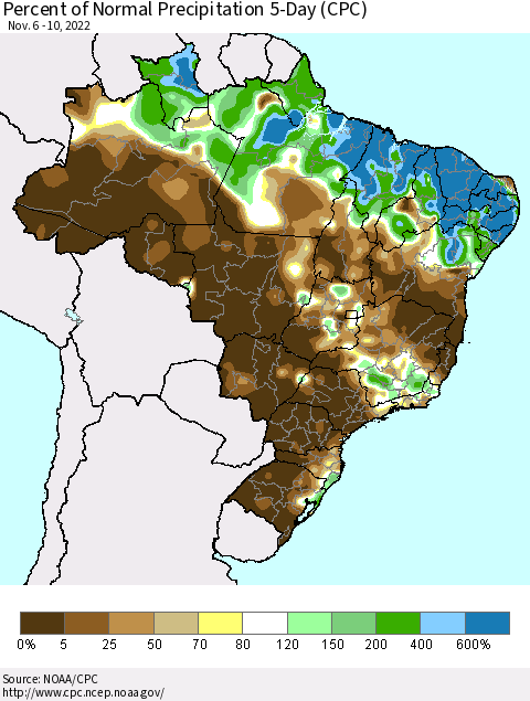 Brazil Percent of Normal Precipitation 5-Day (CPC) Thematic Map For 11/6/2022 - 11/10/2022