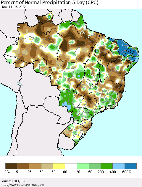 Brazil Percent of Normal Precipitation 5-Day (CPC) Thematic Map For 11/11/2022 - 11/15/2022