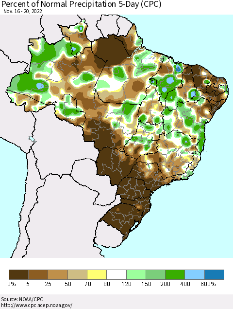Brazil Percent of Normal Precipitation 5-Day (CPC) Thematic Map For 11/16/2022 - 11/20/2022