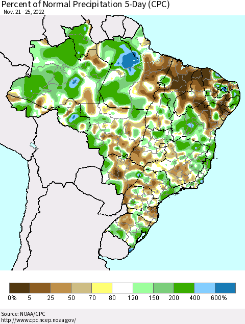 Brazil Percent of Normal Precipitation 5-Day (CPC) Thematic Map For 11/21/2022 - 11/25/2022