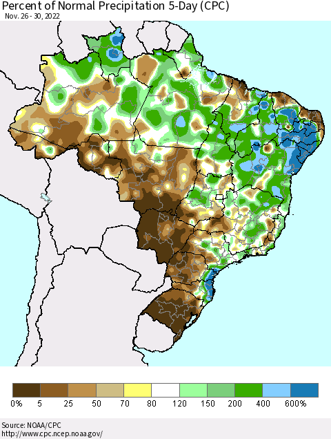 Brazil Percent of Normal Precipitation 5-Day (CPC) Thematic Map For 11/26/2022 - 11/30/2022