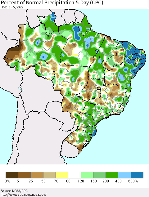 Brazil Percent of Normal Precipitation 5-Day (CPC) Thematic Map For 12/1/2022 - 12/5/2022