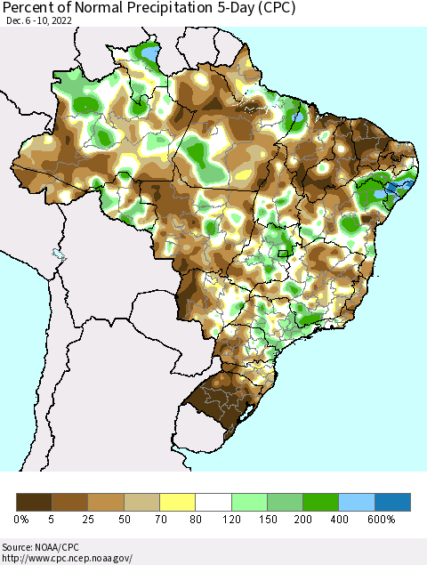 Brazil Percent of Normal Precipitation 5-Day (CPC) Thematic Map For 12/6/2022 - 12/10/2022