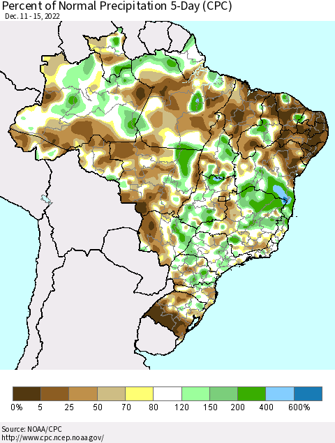 Brazil Percent of Normal Precipitation 5-Day (CPC) Thematic Map For 12/11/2022 - 12/15/2022