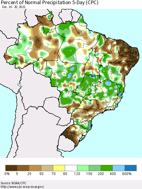 Brazil Percent of Normal Precipitation 5-Day (CPC) Thematic Map For 12/16/2022 - 12/20/2022