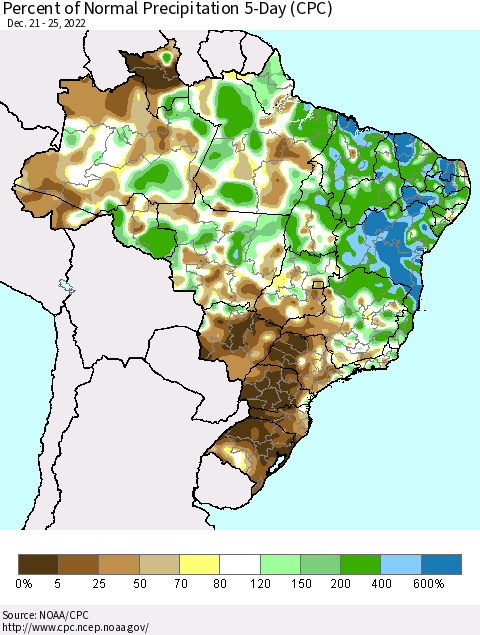 Brazil Percent of Normal Precipitation 5-Day (CPC) Thematic Map For 12/21/2022 - 12/25/2022