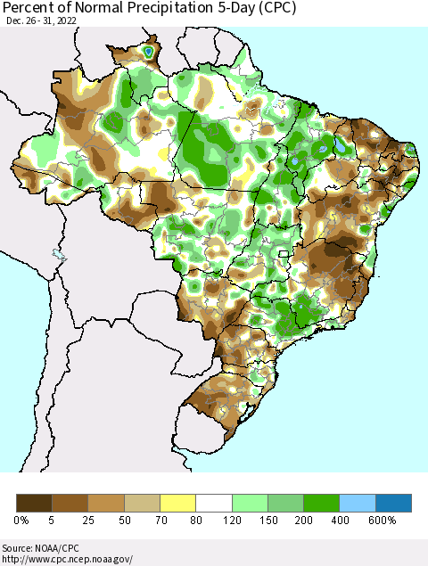 Brazil Percent of Normal Precipitation 5-Day (CPC) Thematic Map For 12/26/2022 - 12/31/2022