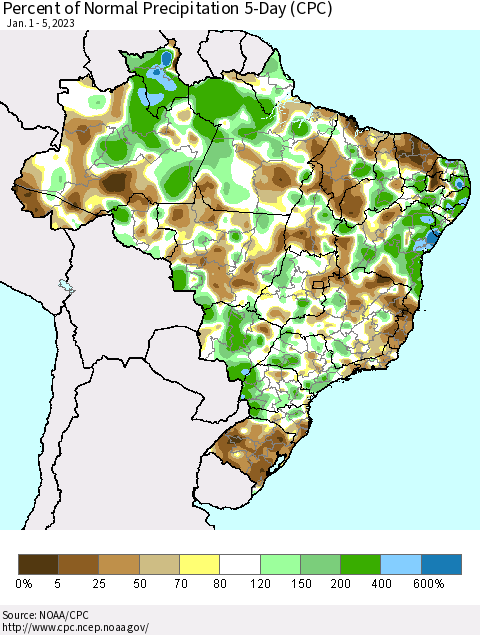 Brazil Percent of Normal Precipitation 5-Day (CPC) Thematic Map For 1/1/2023 - 1/5/2023
