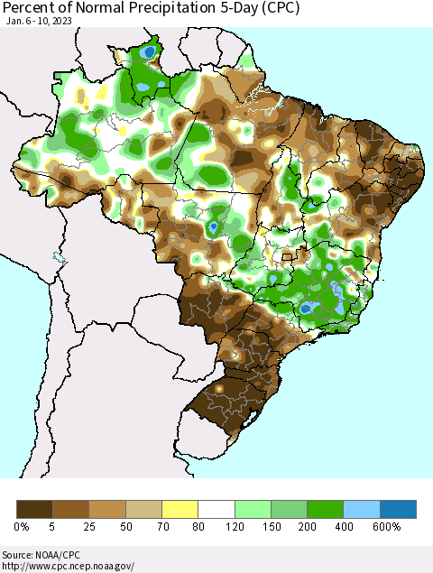 Brazil Percent of Normal Precipitation 5-Day (CPC) Thematic Map For 1/6/2023 - 1/10/2023