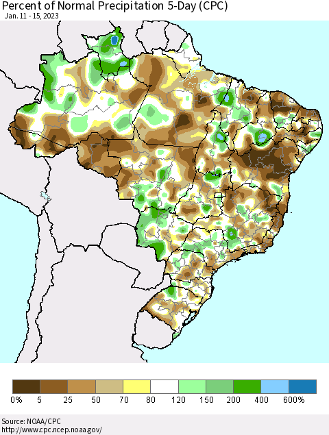 Brazil Percent of Normal Precipitation 5-Day (CPC) Thematic Map For 1/11/2023 - 1/15/2023