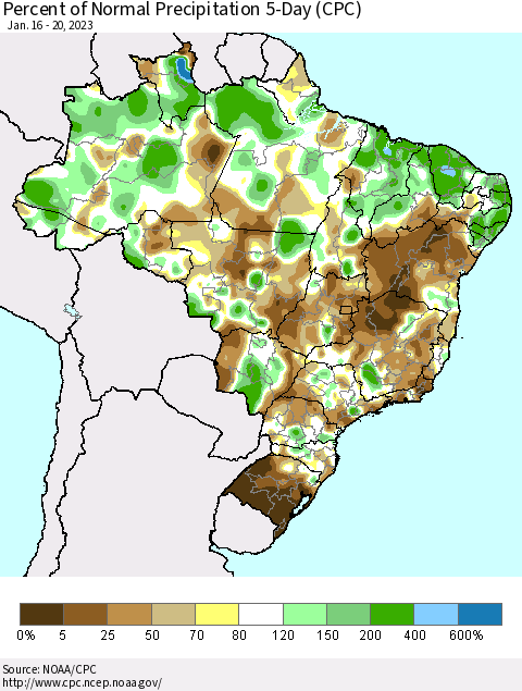 Brazil Percent of Normal Precipitation 5-Day (CPC) Thematic Map For 1/16/2023 - 1/20/2023