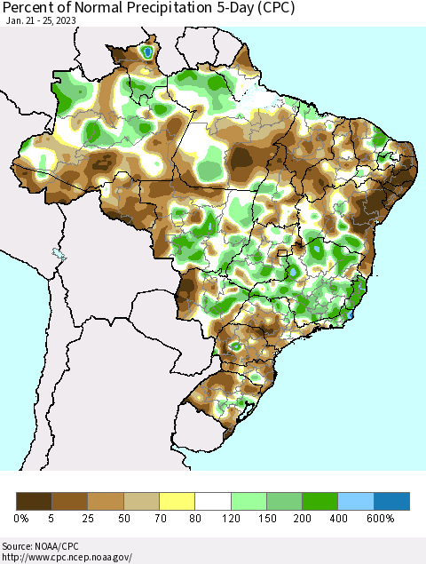 Brazil Percent of Normal Precipitation 5-Day (CPC) Thematic Map For 1/21/2023 - 1/25/2023
