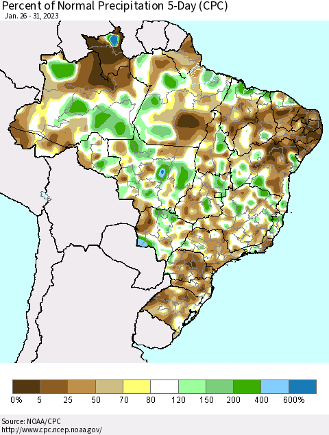 Brazil Percent of Normal Precipitation 5-Day (CPC) Thematic Map For 1/26/2023 - 1/31/2023