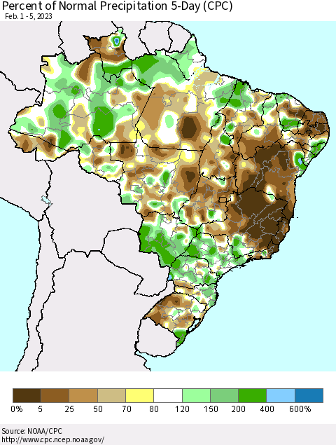 Brazil Percent of Normal Precipitation 5-Day (CPC) Thematic Map For 2/1/2023 - 2/5/2023