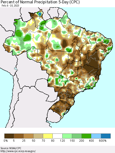 Brazil Percent of Normal Precipitation 5-Day (CPC) Thematic Map For 2/6/2023 - 2/10/2023